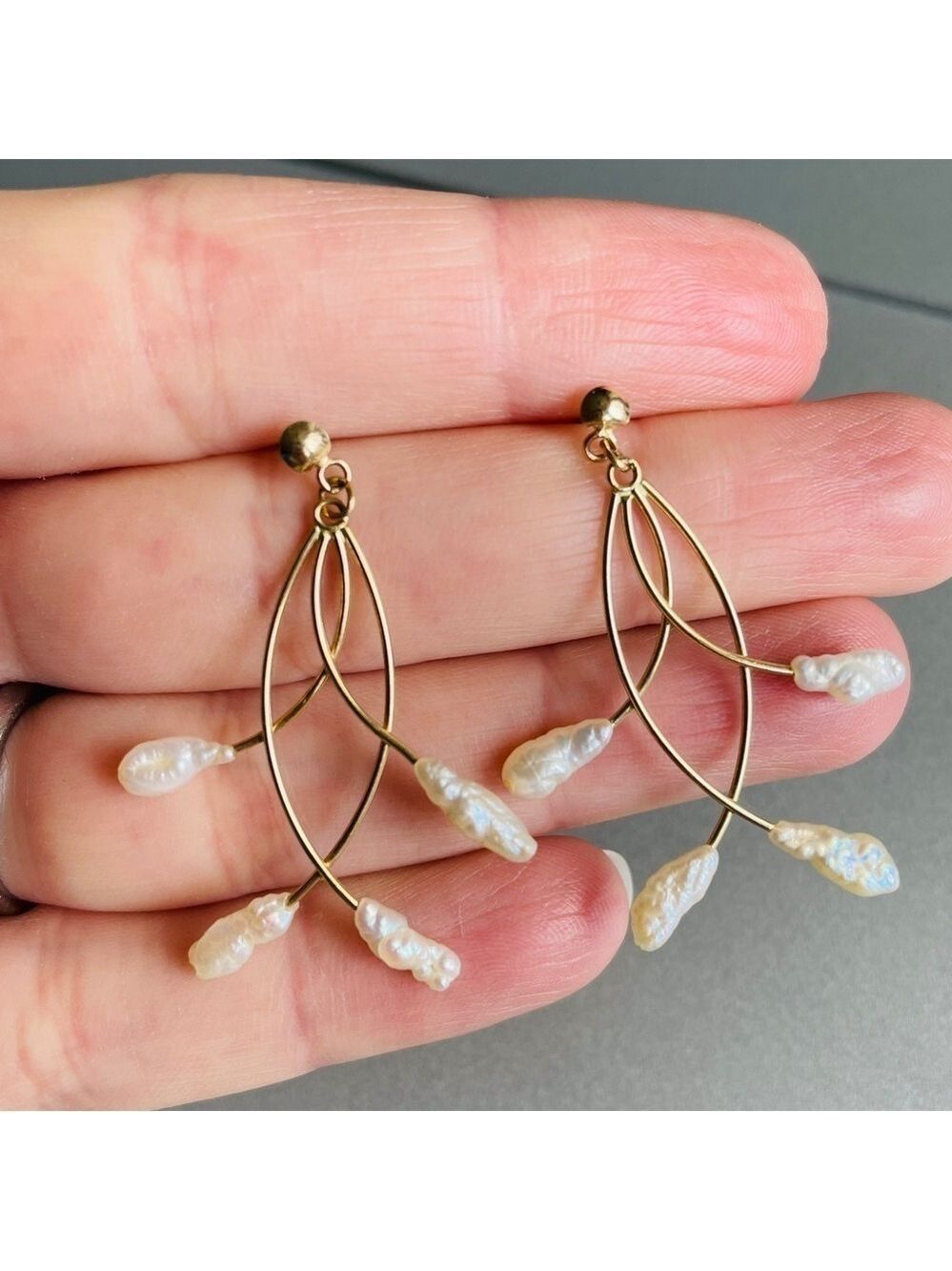 14k Gold Fresh Water Pearl Vintage Chandelier Earrings - Picture 3 of 6